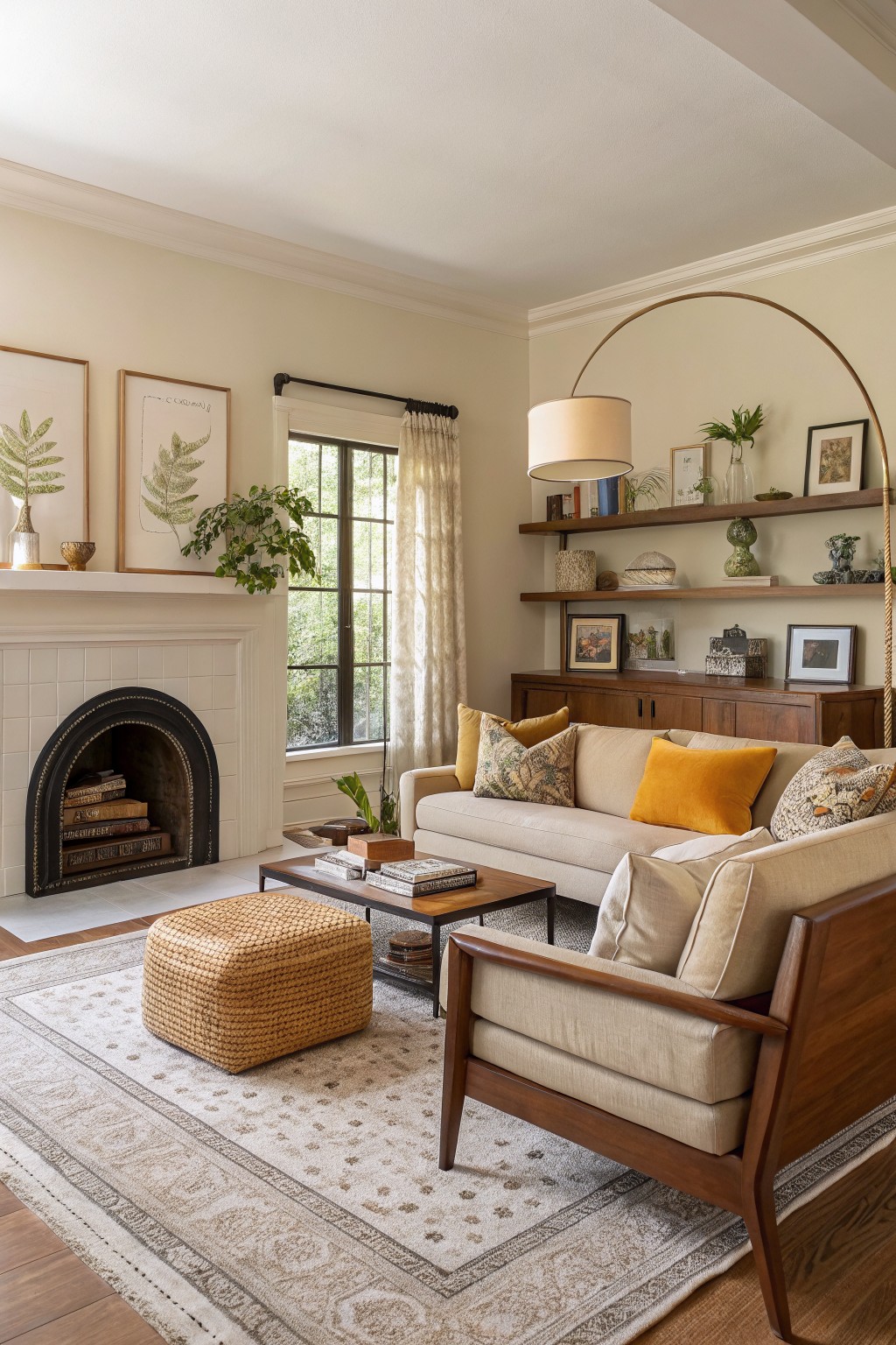 Cozy living room featuring soft warm beige walls, white brick arched fireplace, cream sofa with yellow pillows, wood media cabinet, arched floor lamp, and potted plants on open shelves.
