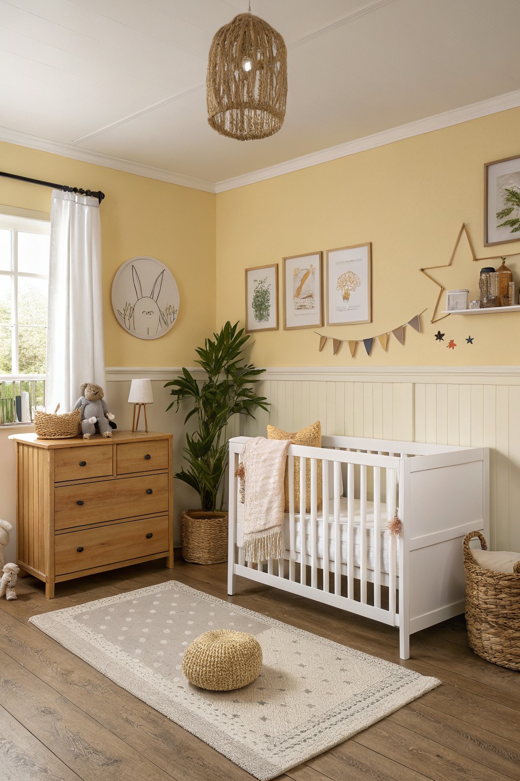 Cozy nursery featuring soft yellow walls, white crib with pink blanket, wooden dresser, potted plant, and rattan accents on hardwood floors
