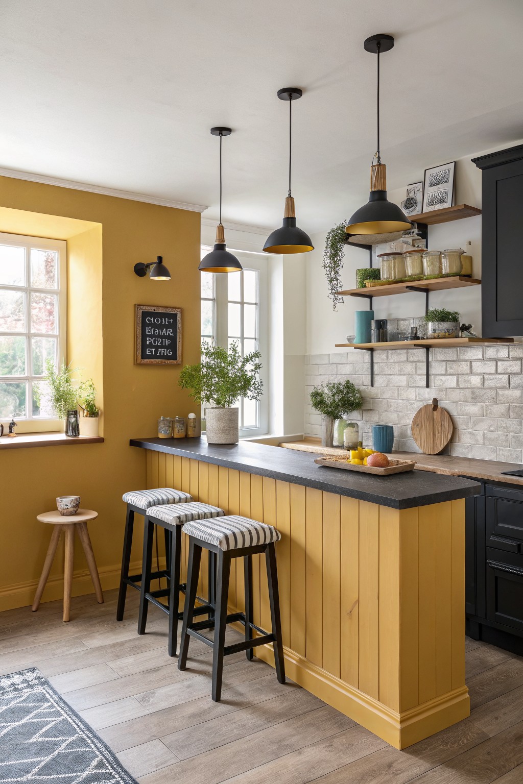 Cozy kitchen featuring warm mustard yellow walls and paneled breakfast bar, black cabinets, brick backsplash, pendant lights, plants, and striped stools