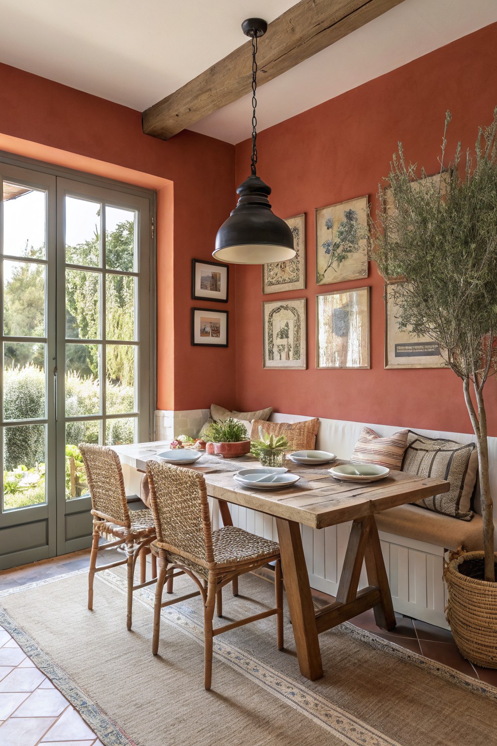 Cozy dining nook with warm terracotta walls, wooden trestle table, rattan chairs, built-in bench, and large windows overlooking a garden