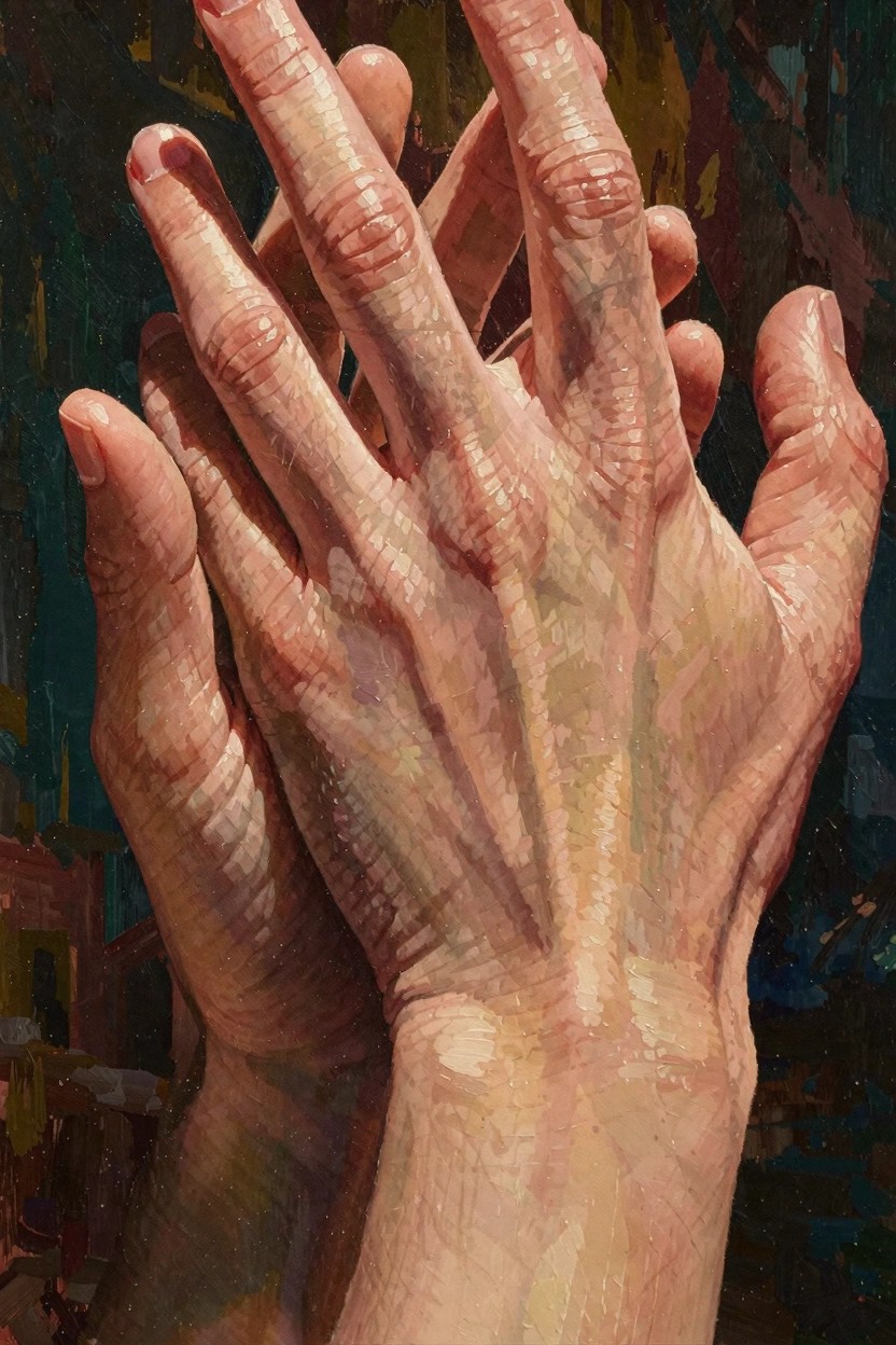 Oil painting close-up of two realistic adult hands clasped together palm-to-palm in prayer gesture with detailed skin textures against a dark abstract background.