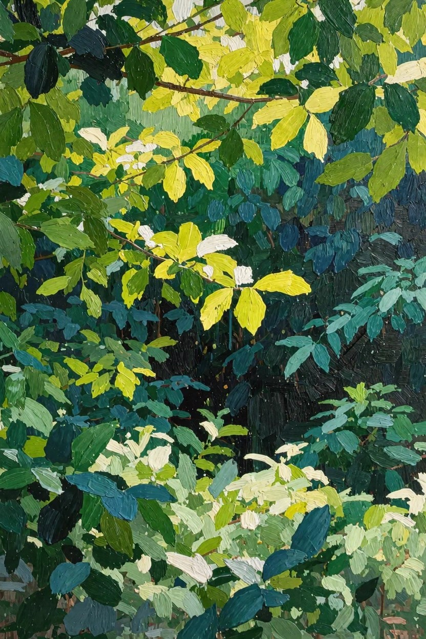 Oil painting of densely packed leaves in shades of green and yellow with sunlight creating light and shadow contrasts.