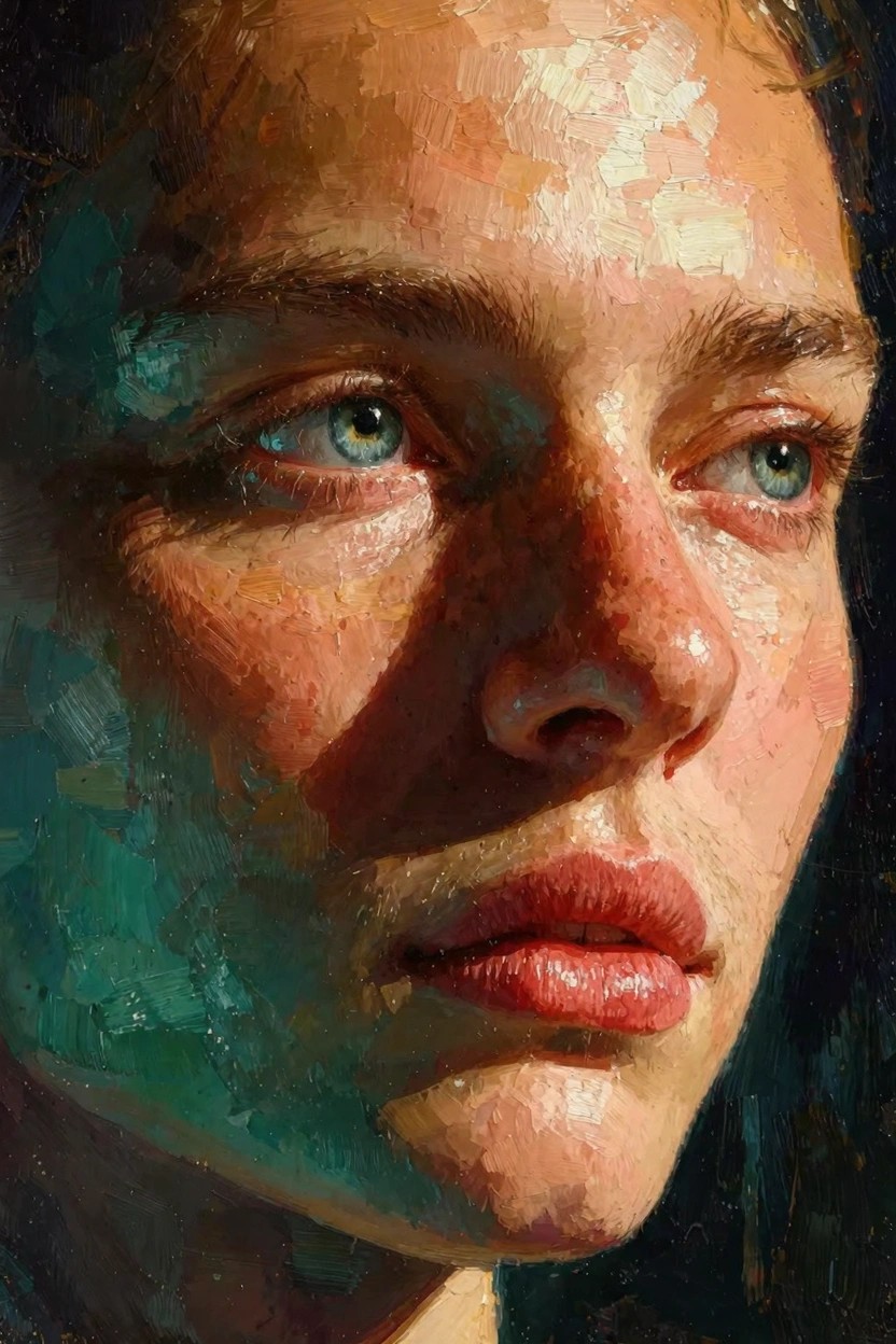 Close-up oil portrait of a woman's face lit from the side with warm highlights on skin, cool green shadows, green eyes, and textured brushwork.