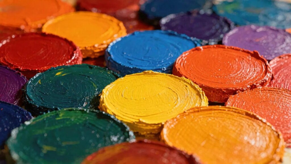 24 Practical Oil Paint Mixing Guide For Rich And Vibrant Colors Overlapping circular blobs of thick oil paint in vibrant colors including blue, yellow, red, green, purple, and orange with a multicolored swirled center.