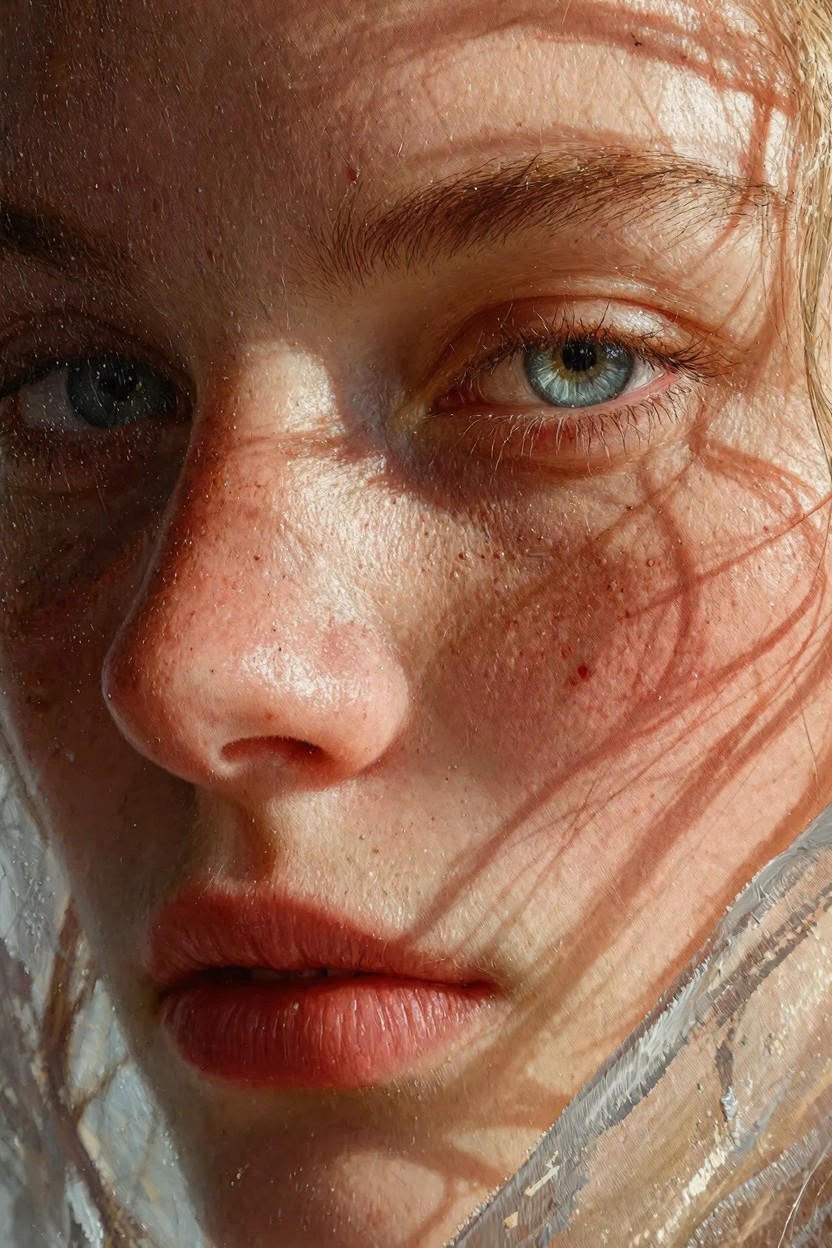 Close-up portrait of a woman's freckled face with blue eyes and dappled sunlight shadows on her skin.