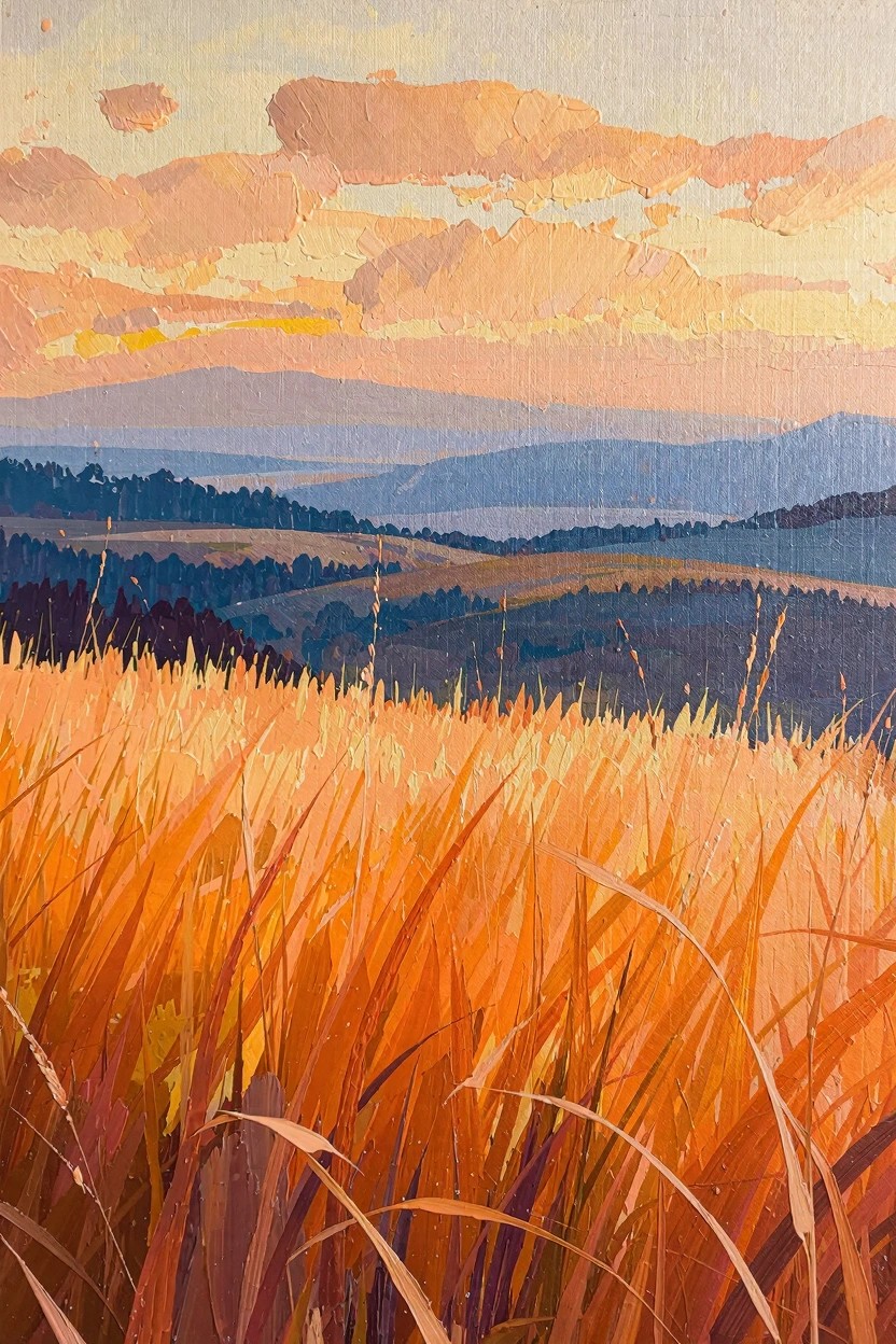 Oil painting of golden grasses in foreground, rolling hills, trees, distant mountains, and orange-pink sunset sky with textured brushstrokes.