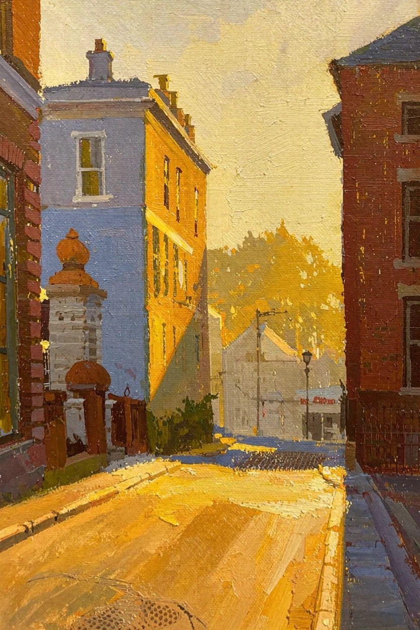Oil painting of a narrow brick street at golden hour with warm light on the road, shadowed buildings in blue and yellow, and autumn trees beyond.