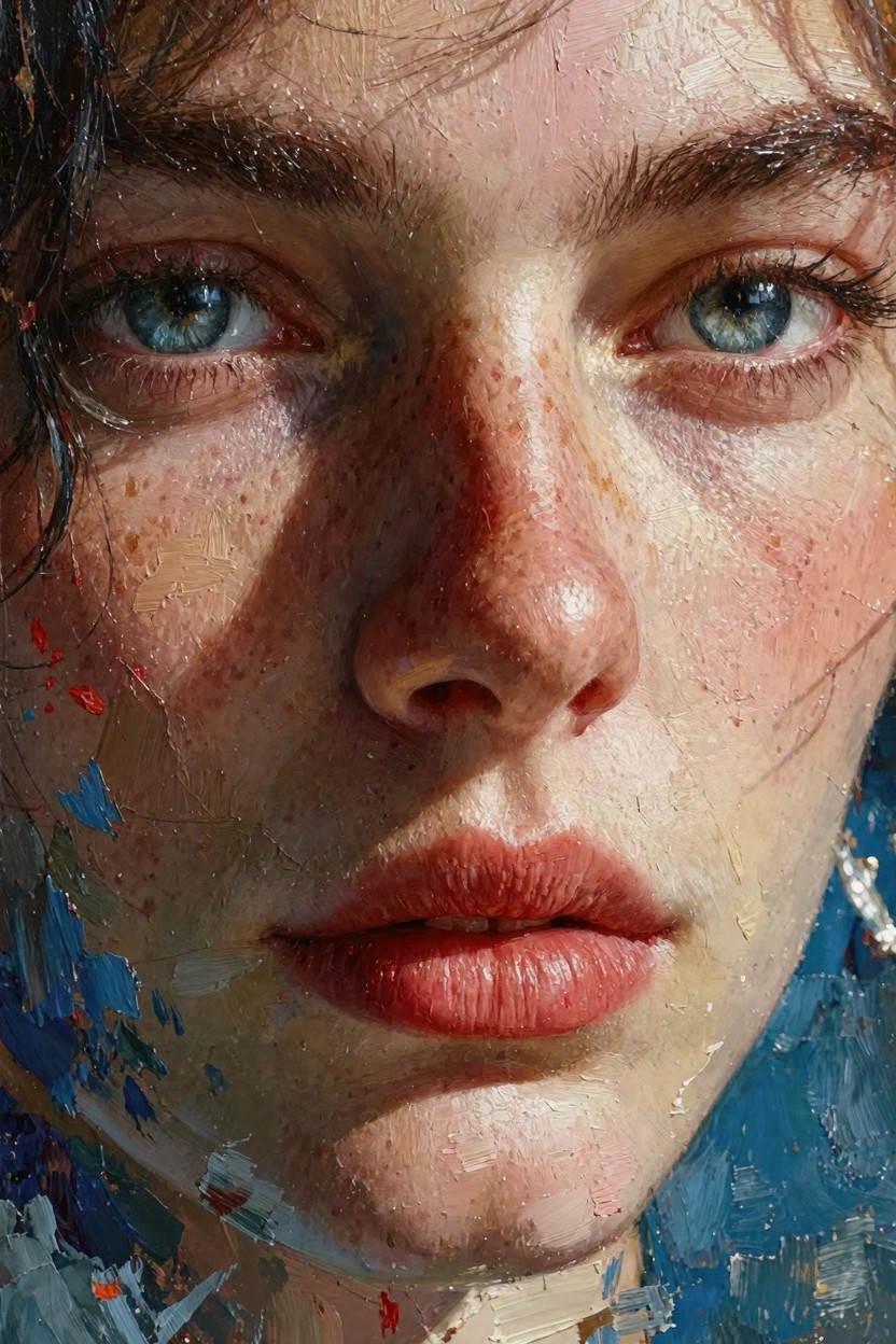 Close-up oil portrait of a freckled woman's face with blue eyes, red lips, wet hair, and impasto texture.