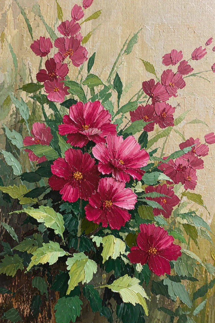 Oil painting of clustered red cosmos flowers with fringed petals and green leaves against a textured beige background.