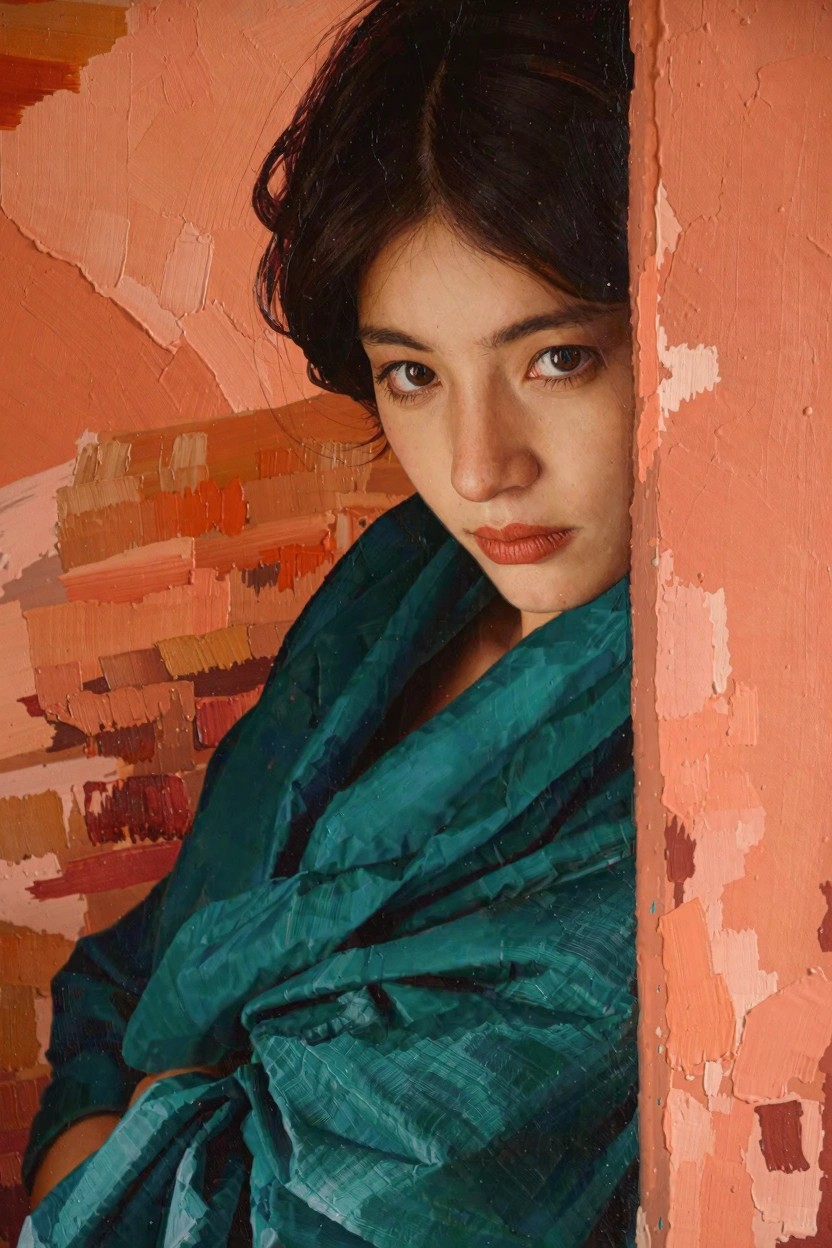 Oil painting of a woman peeking from behind a textured orange wall, draped in shiny teal fabric.