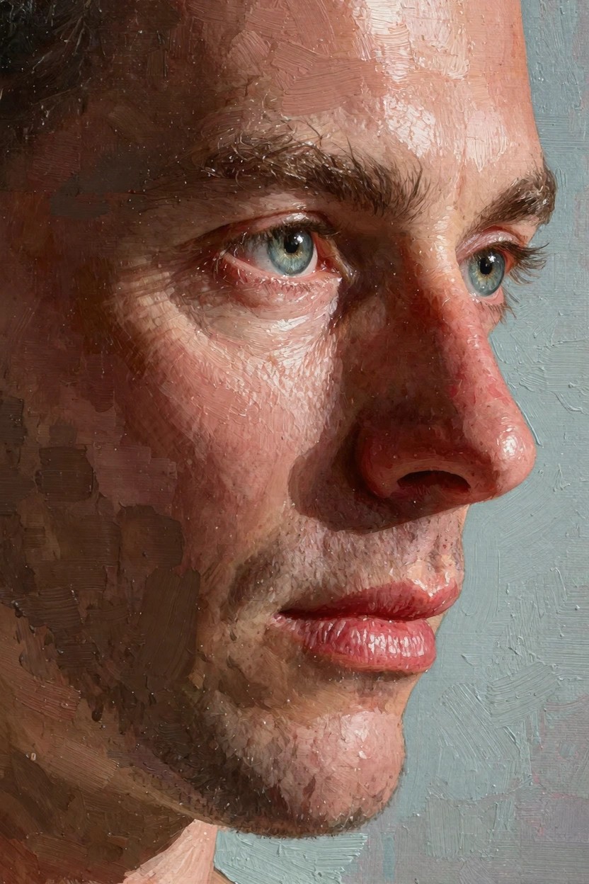 Close-up oil painting style profile of a man's face with green eyes, stubble beard, and textured skin against a blue-gray background.