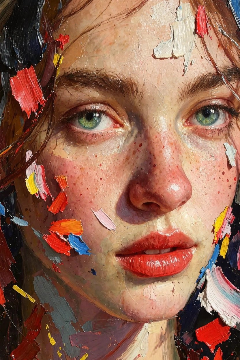 Oil painting of a woman's freckled face with green eyes and red lips, overlaid with thick multicolored paint dabs on skin and dark hair.