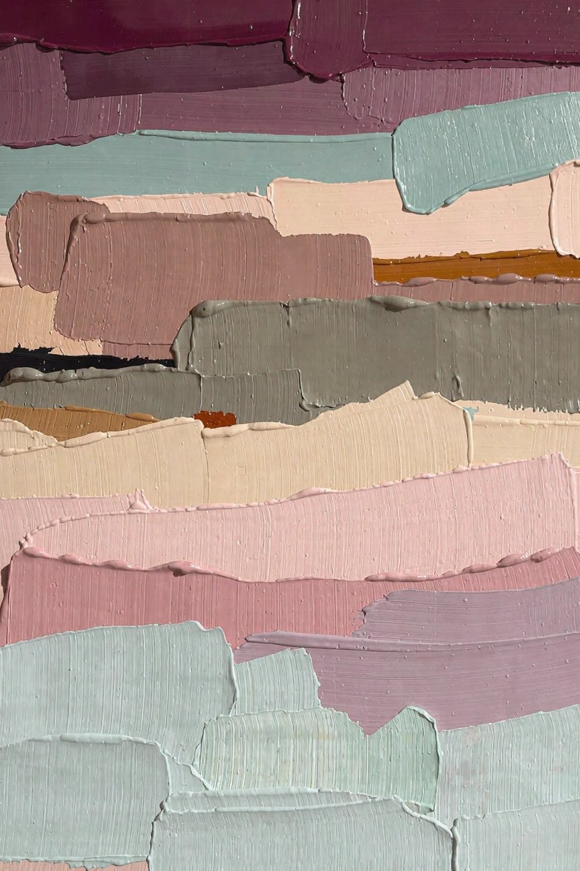 Abstract oil painting composed of thick, irregularly stacked horizontal bands in muted purple, teal, beige, brown, green, and pink tones.