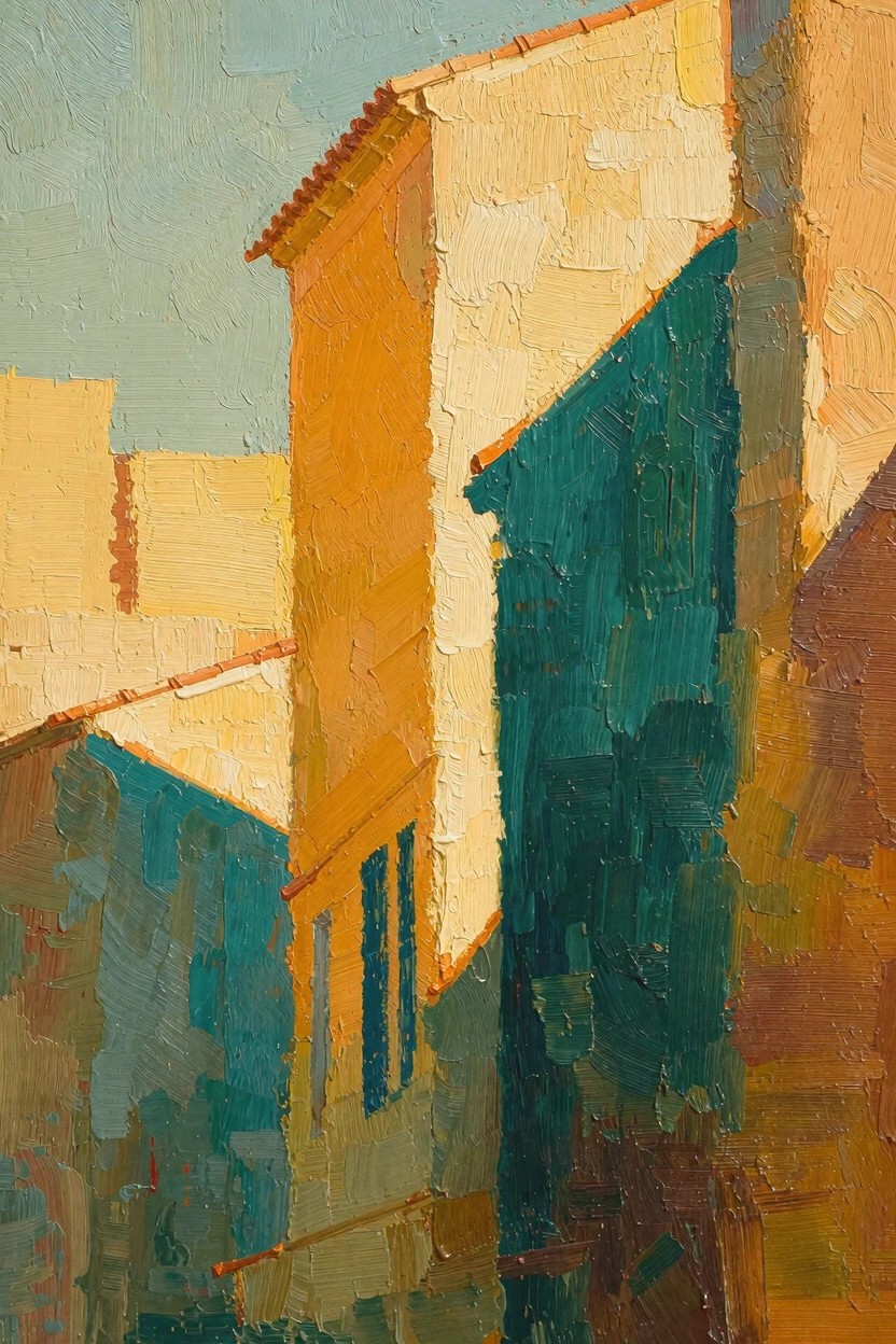 Impasto oil painting of yellow and white sunlit building facades with green shadowed walls, terracotta roofs, and blue sky.