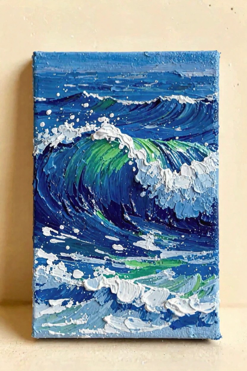 Vertical oil painting of crashing blue ocean waves with white foam, green crest highlights, and textured impasto brushwork on canvas.