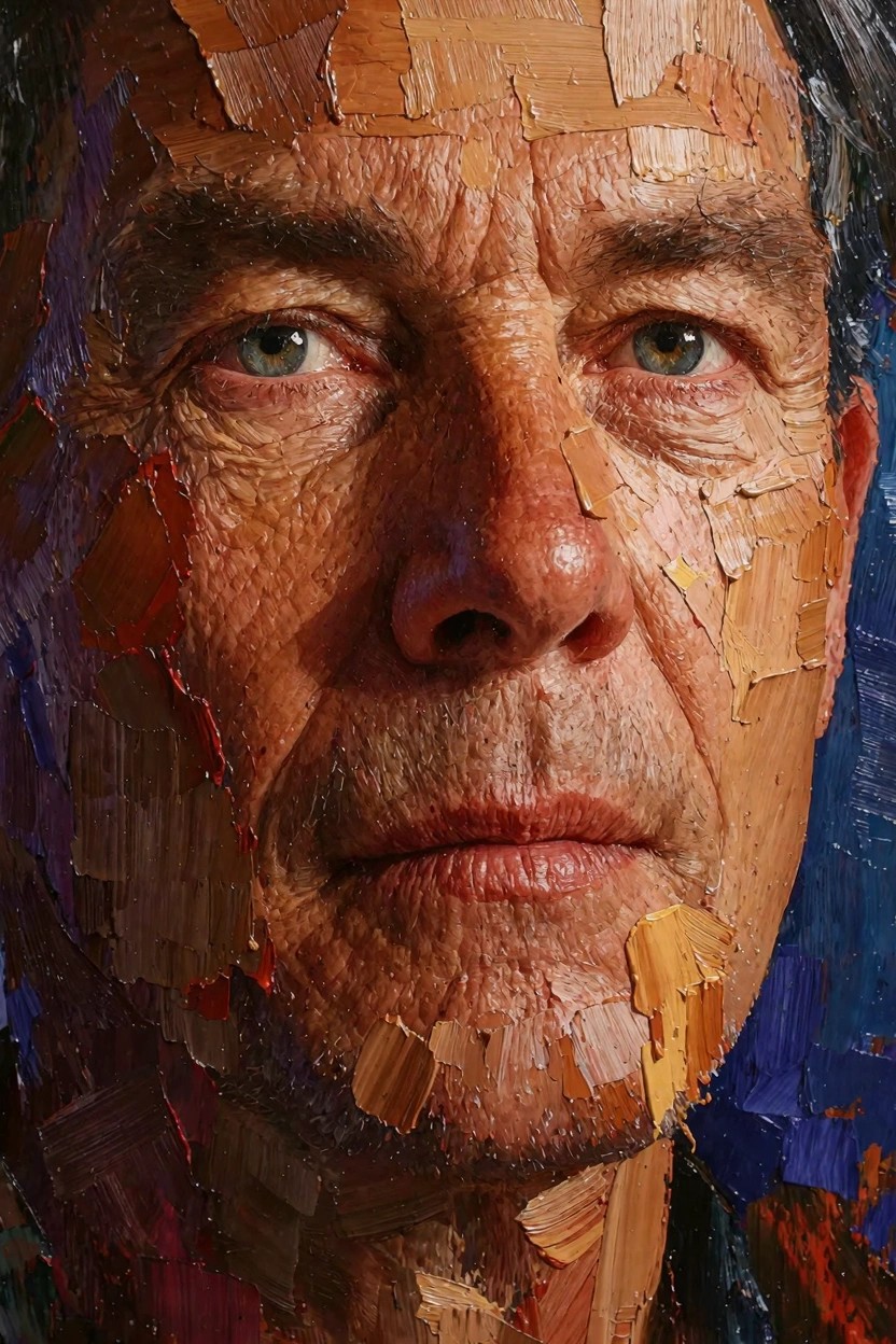 Close-up oil portrait of an older man rendered in thick, chunky impasto paint with earthy tones, green eyes, and blue background accents.