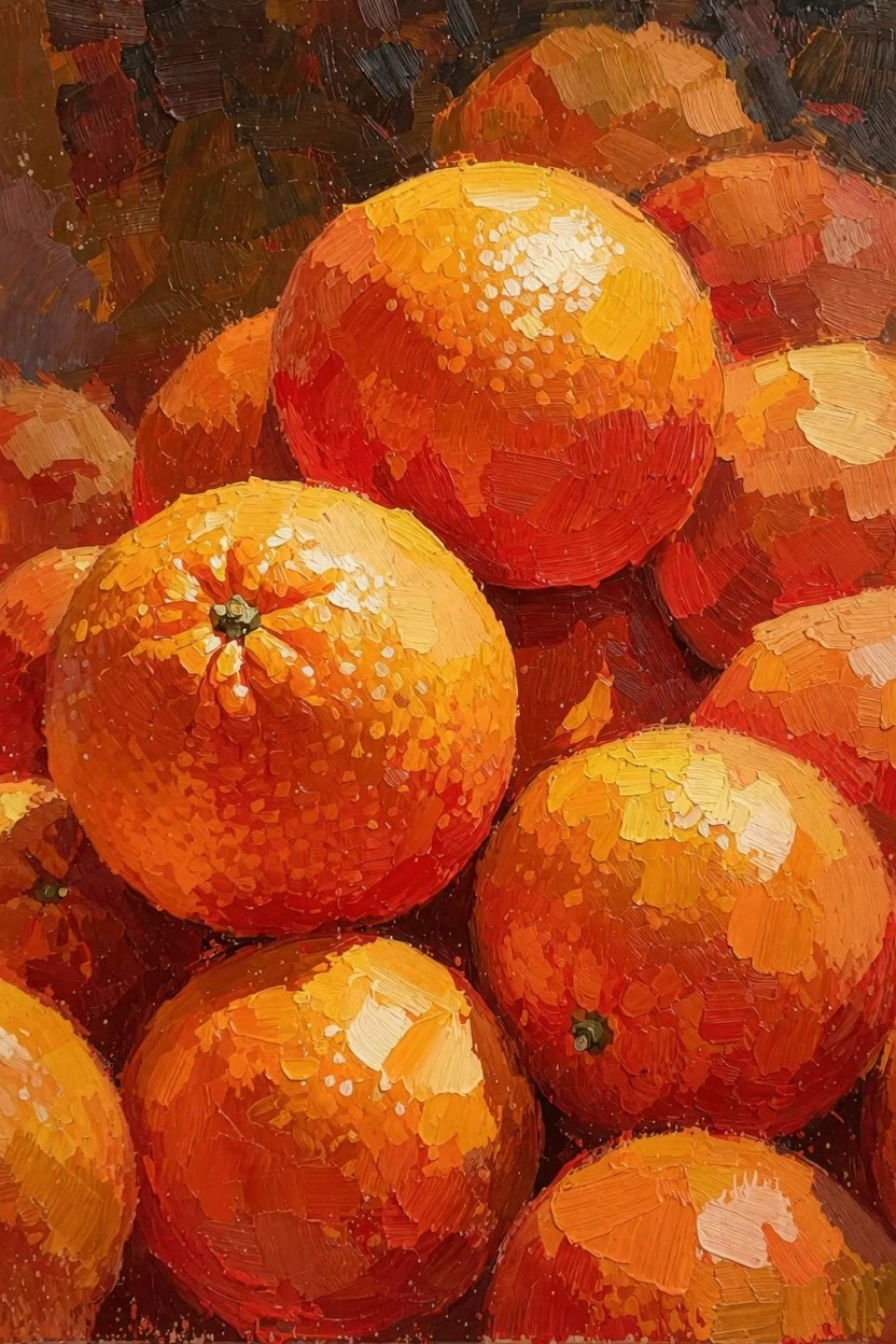 Oil painting of stacked oranges with thick textured brushstrokes in orange and yellow tones on a dark background.