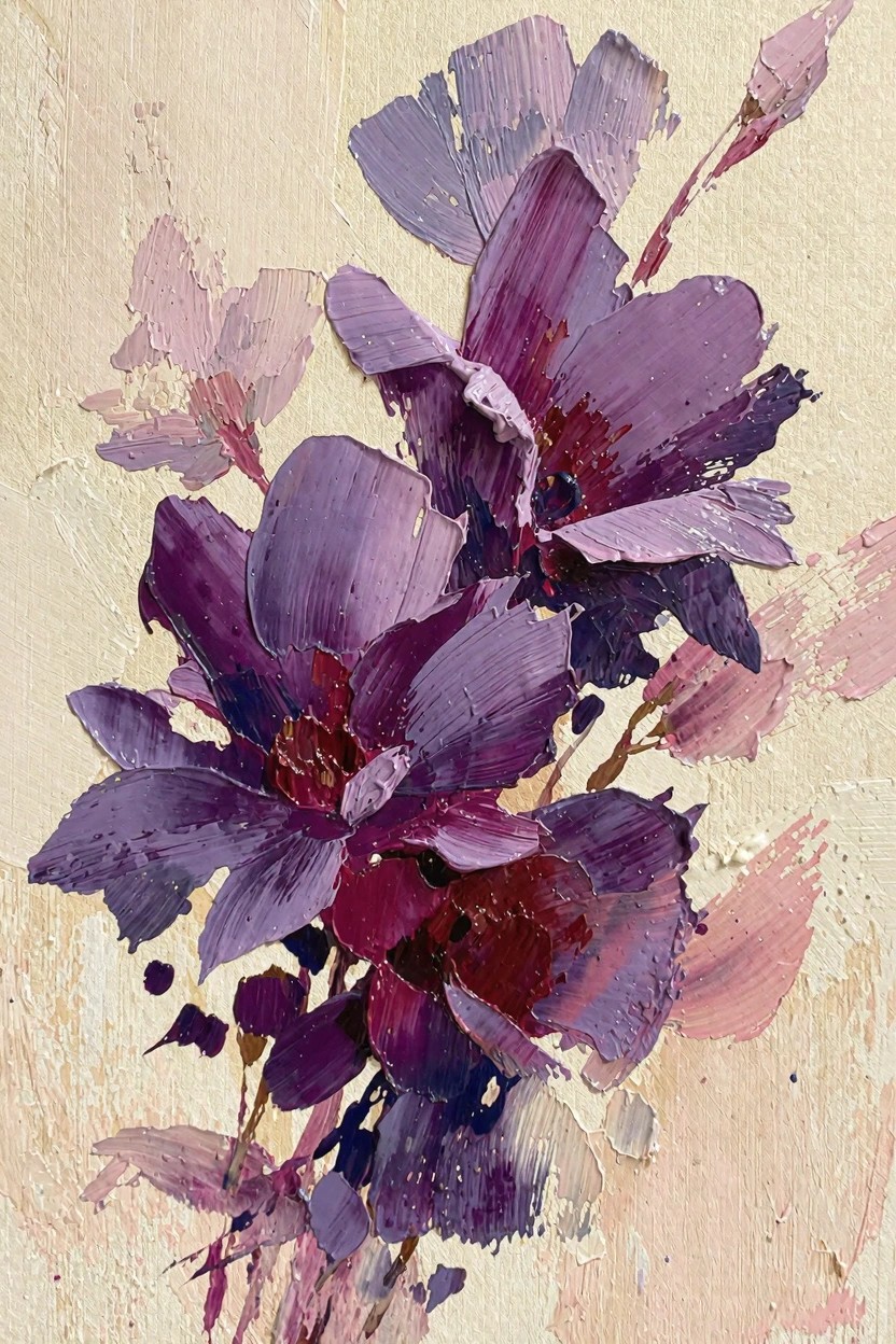 Oil painting of two purple flowers with thick textured brushstrokes and subtle stems on a beige background.