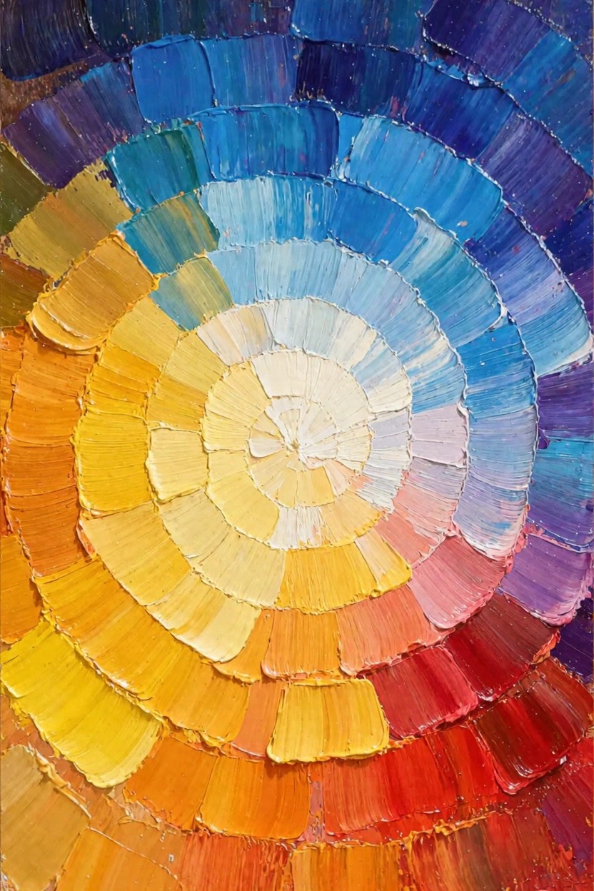 Oil painting featuring a spiral of thick impasto strokes transitioning from blue-purple outer layers through rainbow colors to a white-yellow center.