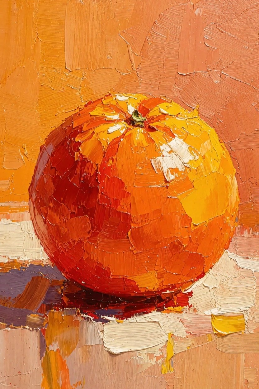 Oil painting of a single orange with thick textured brushstrokes on a light surface against a warm background.