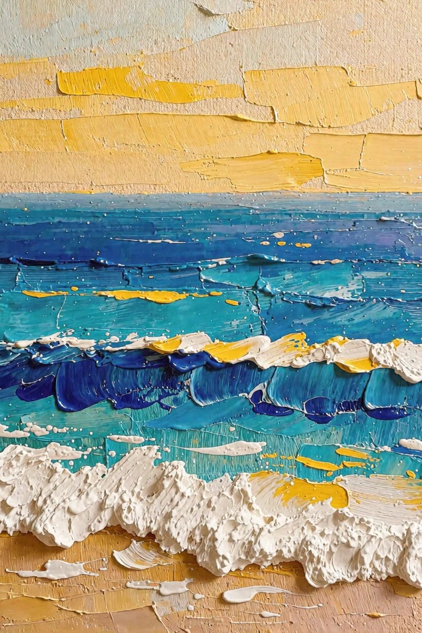 Oil painting of a textured yellow sunset sky over blue waves crashing on beige sand.