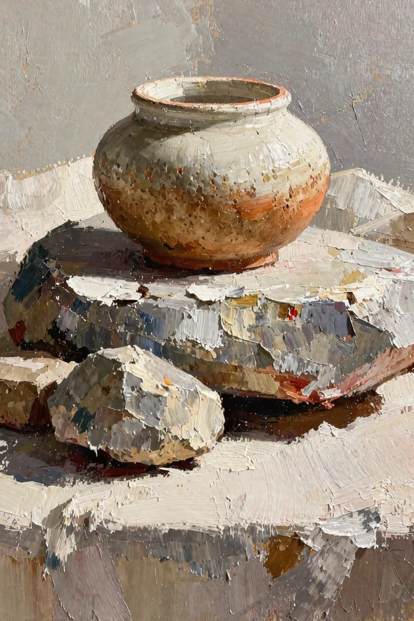 Oil painting of a textured beige-orange vase atop stacked rough stones on a light surface with gray background.