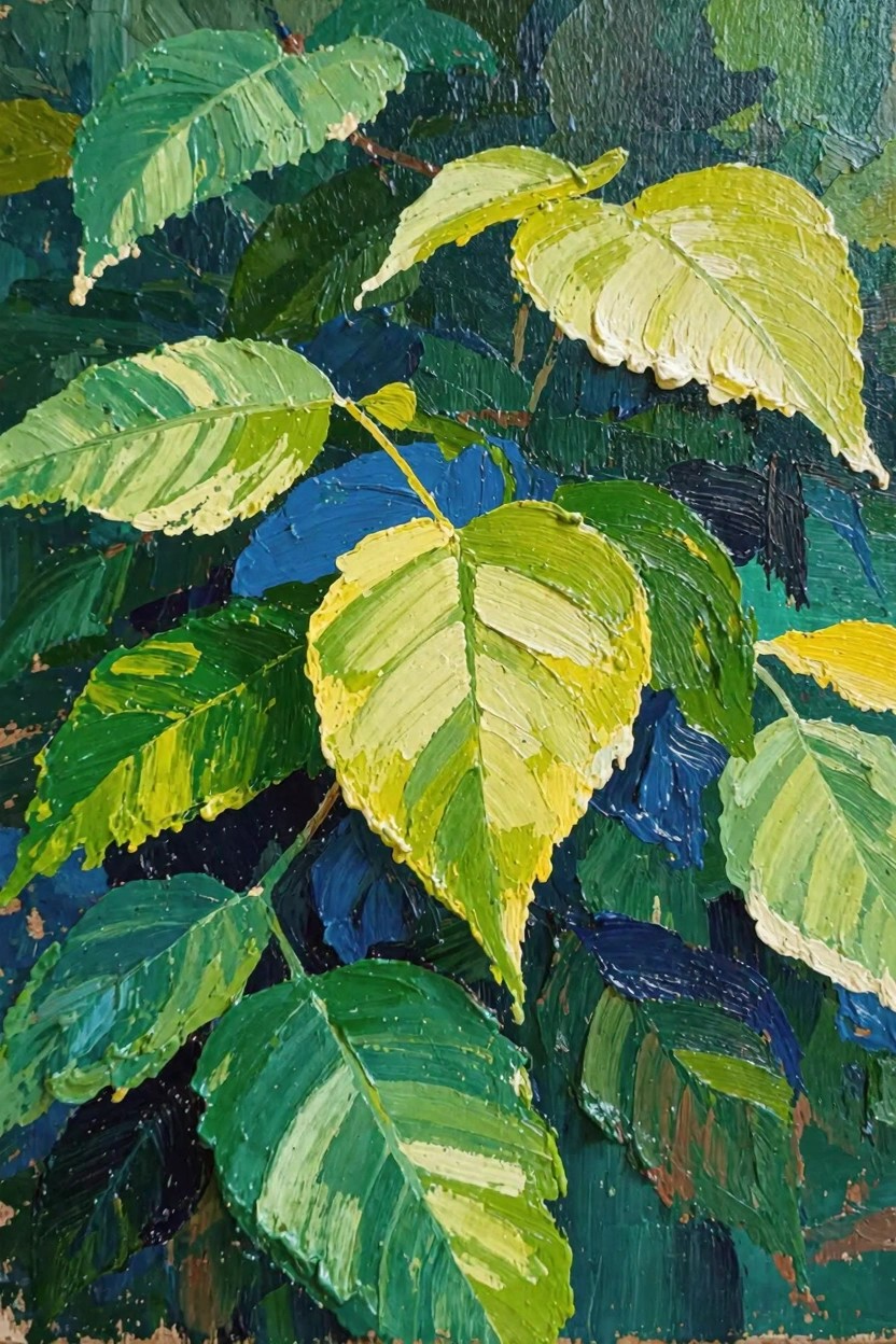 Oil painting close-up of clustered broad leaves in shades of green, yellow, and blue shadows with thick textured brushwork.