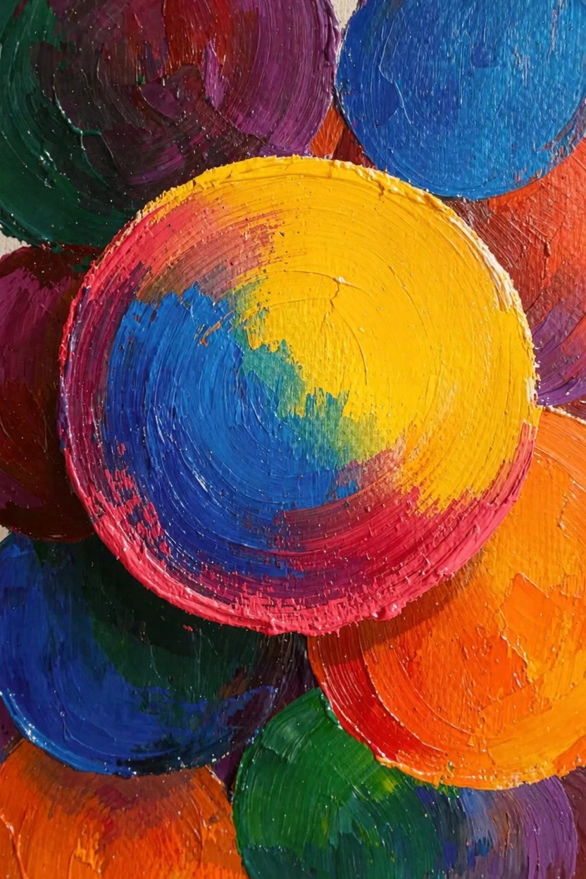 Overlapping circular blobs of thick oil paint in vibrant colors including blue, yellow, red, green, purple, and orange with a multicolored swirled center.