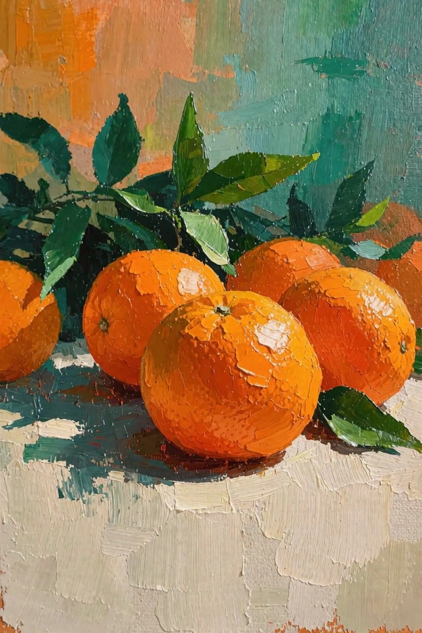 Oil painting of textured oranges clustered with green leaves on a blended orange-teal-cream background.