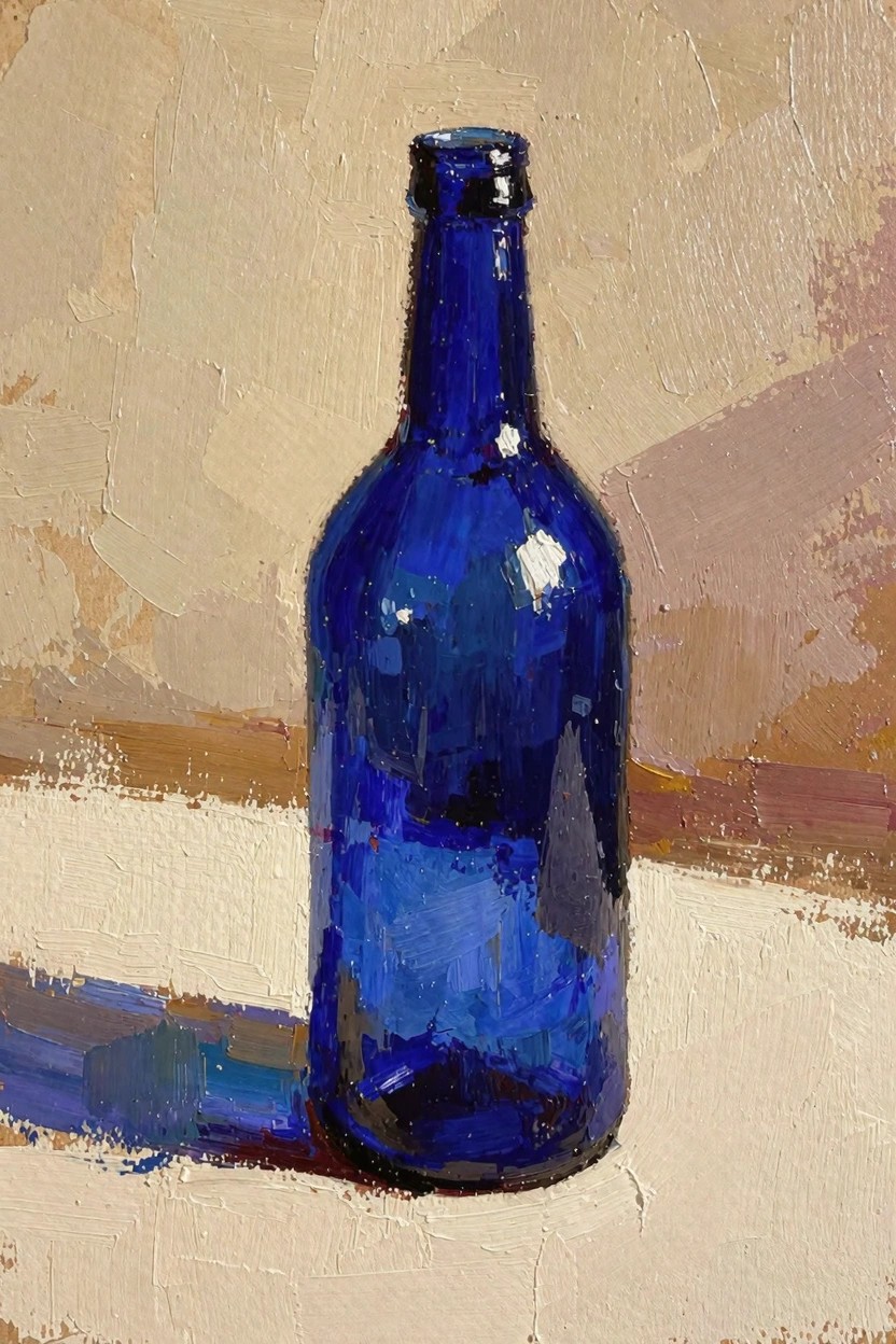 Oil painting of a single blue glass bottle on a textured beige surface with highlights, shadows, and impasto brushwork.