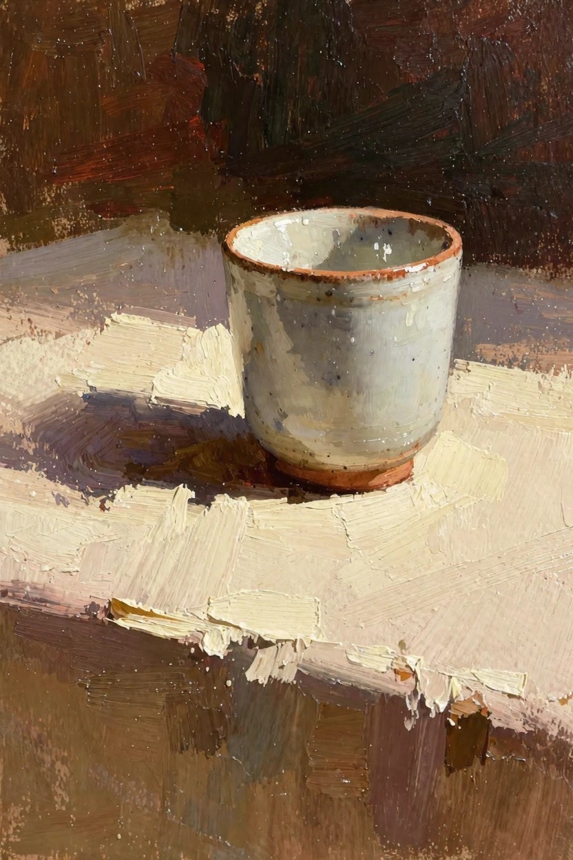 Oil painting of a light gray ceramic cup with orange-brown rim on textured beige surface against dark background.