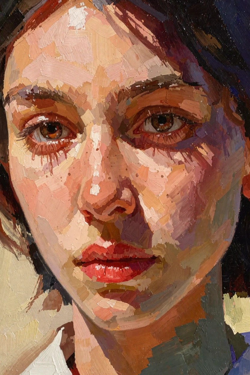 Oil painting close-up of a woman's face with freckles, warm side lighting, textured brushstrokes, and glossy red lips.