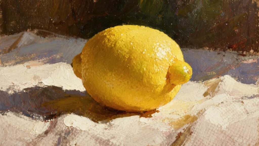 Oil painting of a textured yellow lemon on white draped fabric with dark background and side light casting shadows.