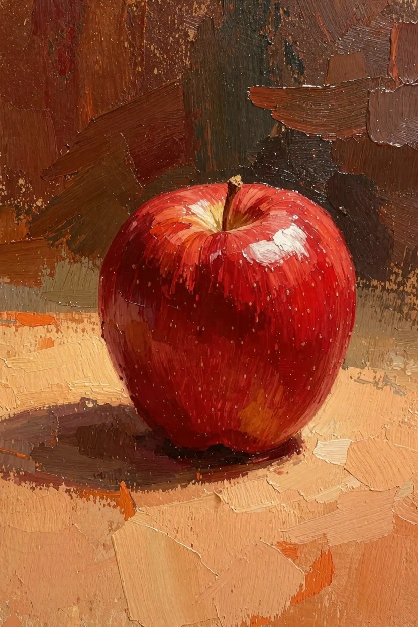 Oil painting of a shiny red apple with stem on a textured orange-brown surface against a dark warm background.