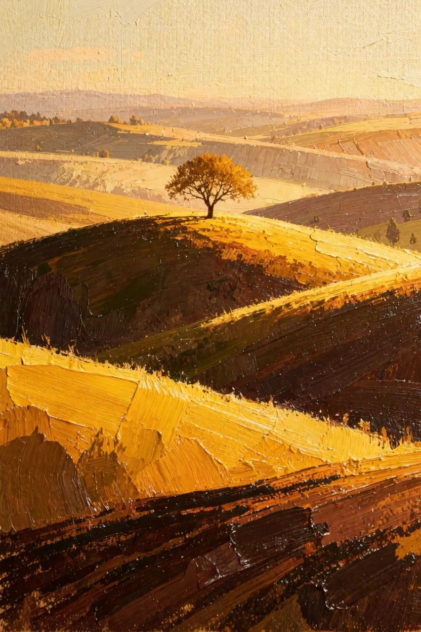 Oil painting of rolling golden hills with a single orange tree on a hilltop at sunset, using thick textured brushstrokes in warm earth tones.