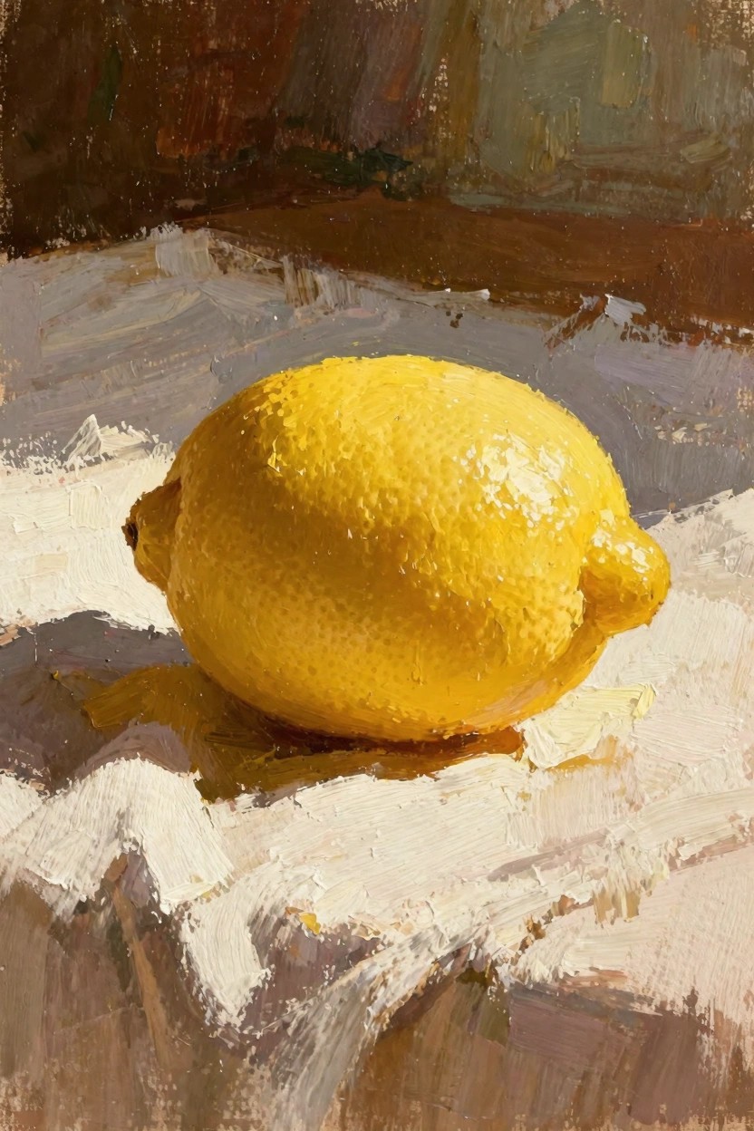 Oil painting of a textured yellow lemon on white draped fabric with dark background and side light casting shadows.