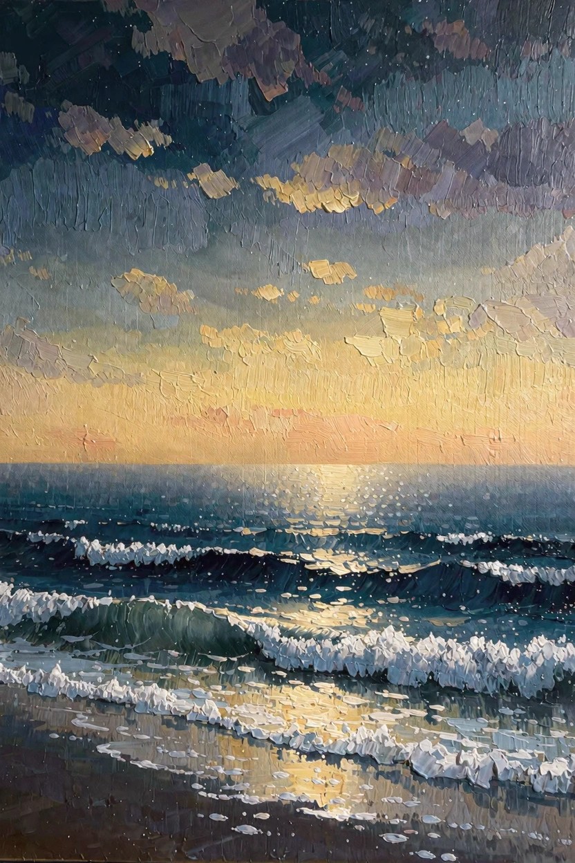 Oil painting depicting a dramatic sunset with dark stormy clouds over golden-hued ocean waves crashing on a dark beach.