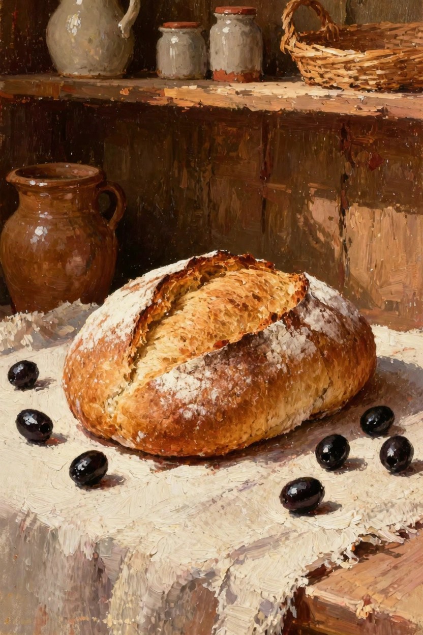 Oil painting still life featuring a flour-dusted split bread loaf with black olives on a cloth, rustic pottery jars, and wooden shelves in the background.