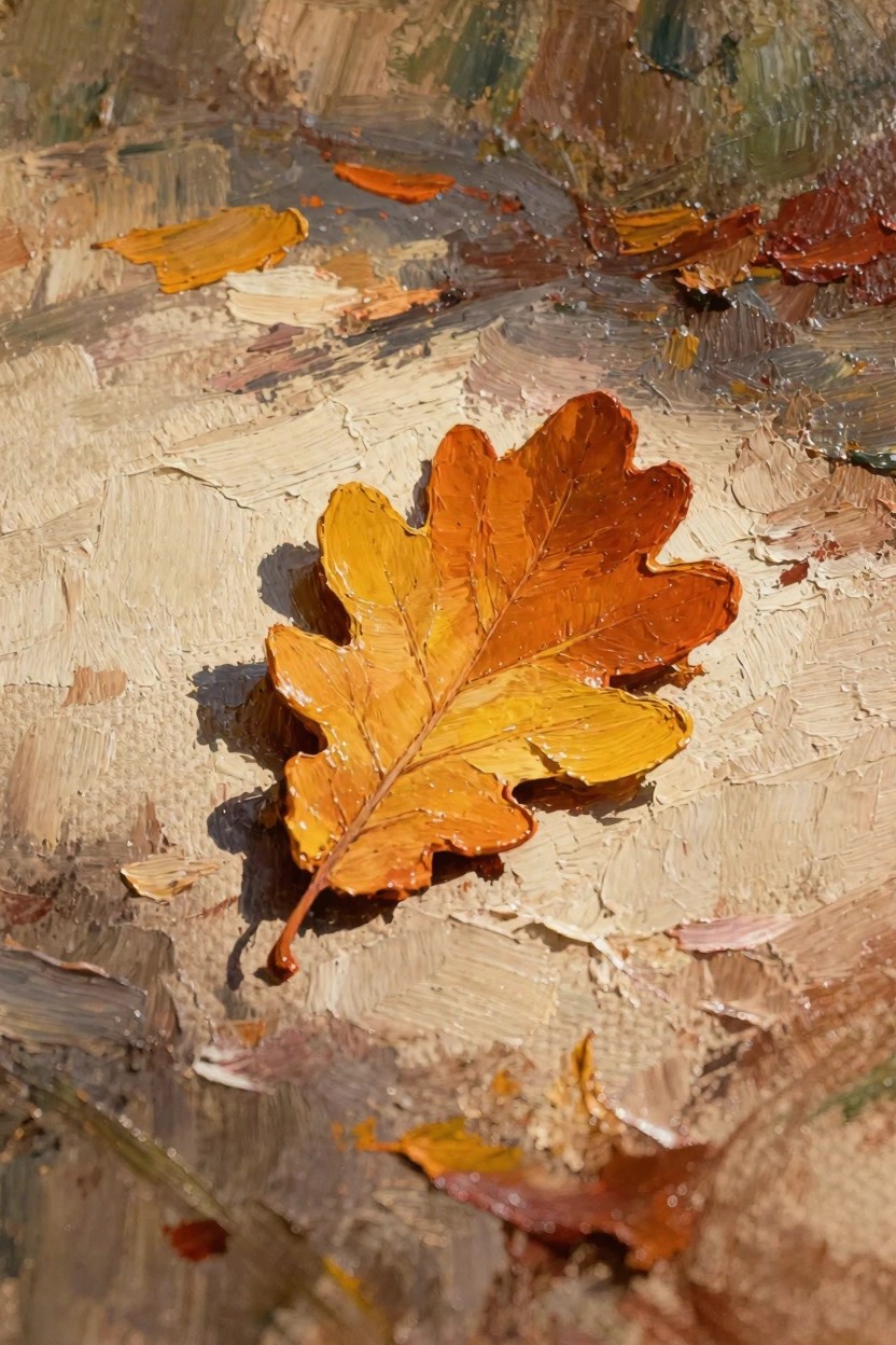 Oil painting of a bright orange oak leaf on a textured beige ground with earthy brushstrokes and fall color accents.