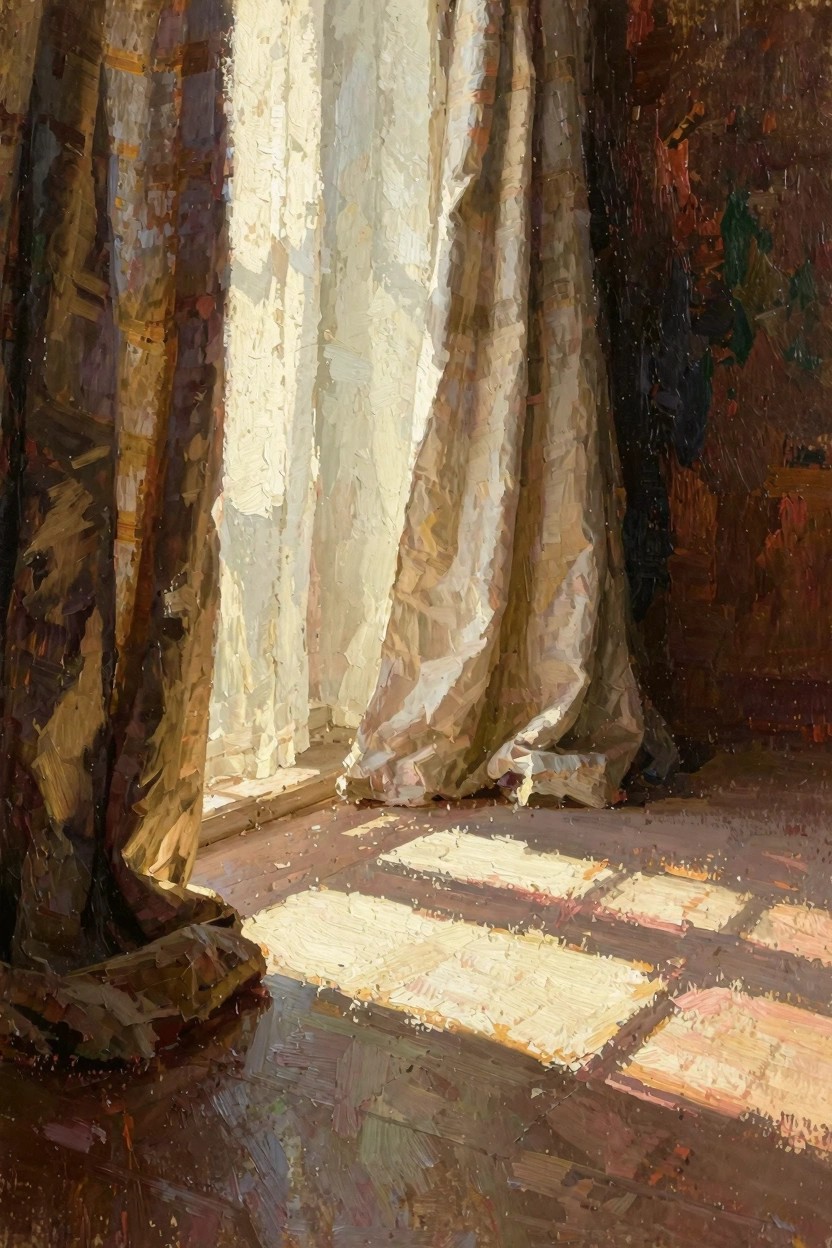 Oil painting of dark textured curtains beside sheer white ones parted at a window, with sunlight beams on a wooden floor in a warm-toned room.
