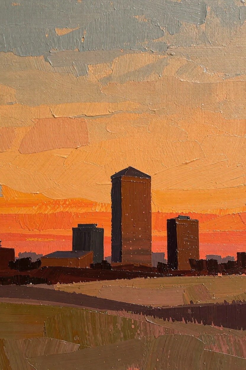 Oil painting of dark silhouetted city towers and buildings against a textured orange and pink sunset sky over brown and green fields.