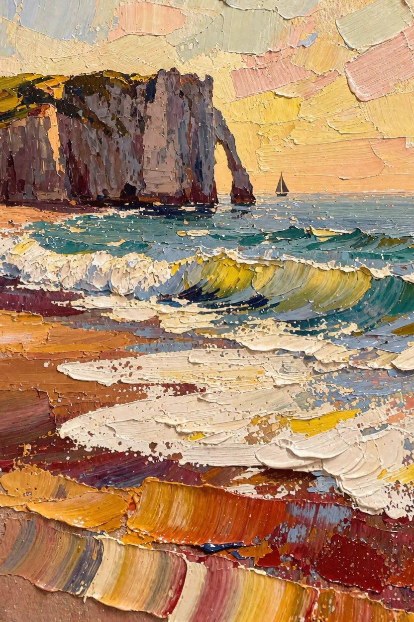 Oil painting of tall arched coastal cliffs, sandy beach with crashing waves, distant sailboat on the sea, and textured sunset sky.