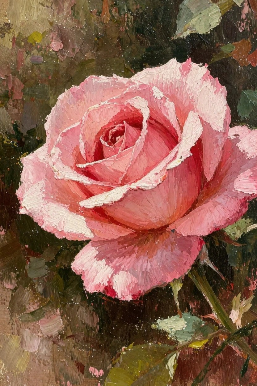 Close-up oil painting of a pink rose with textured petals, green leaves, and dark background.