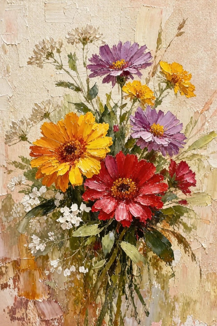 Oil painting of a textured bouquet with yellow, orange, purple, and red flowers plus green leaves and white fillers in a vase against a beige background.