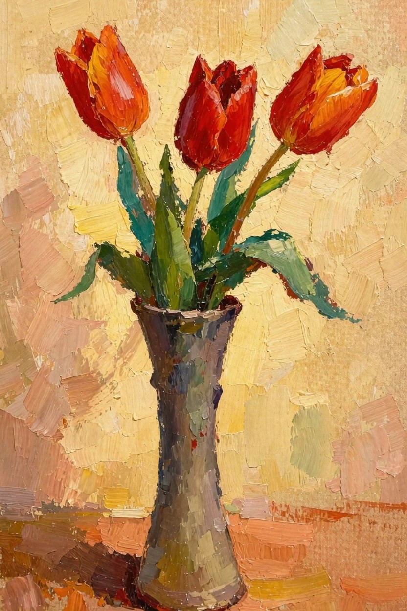 Oil painting of three red-orange tulips in a dark vase against a warm yellow background with textured brushwork.