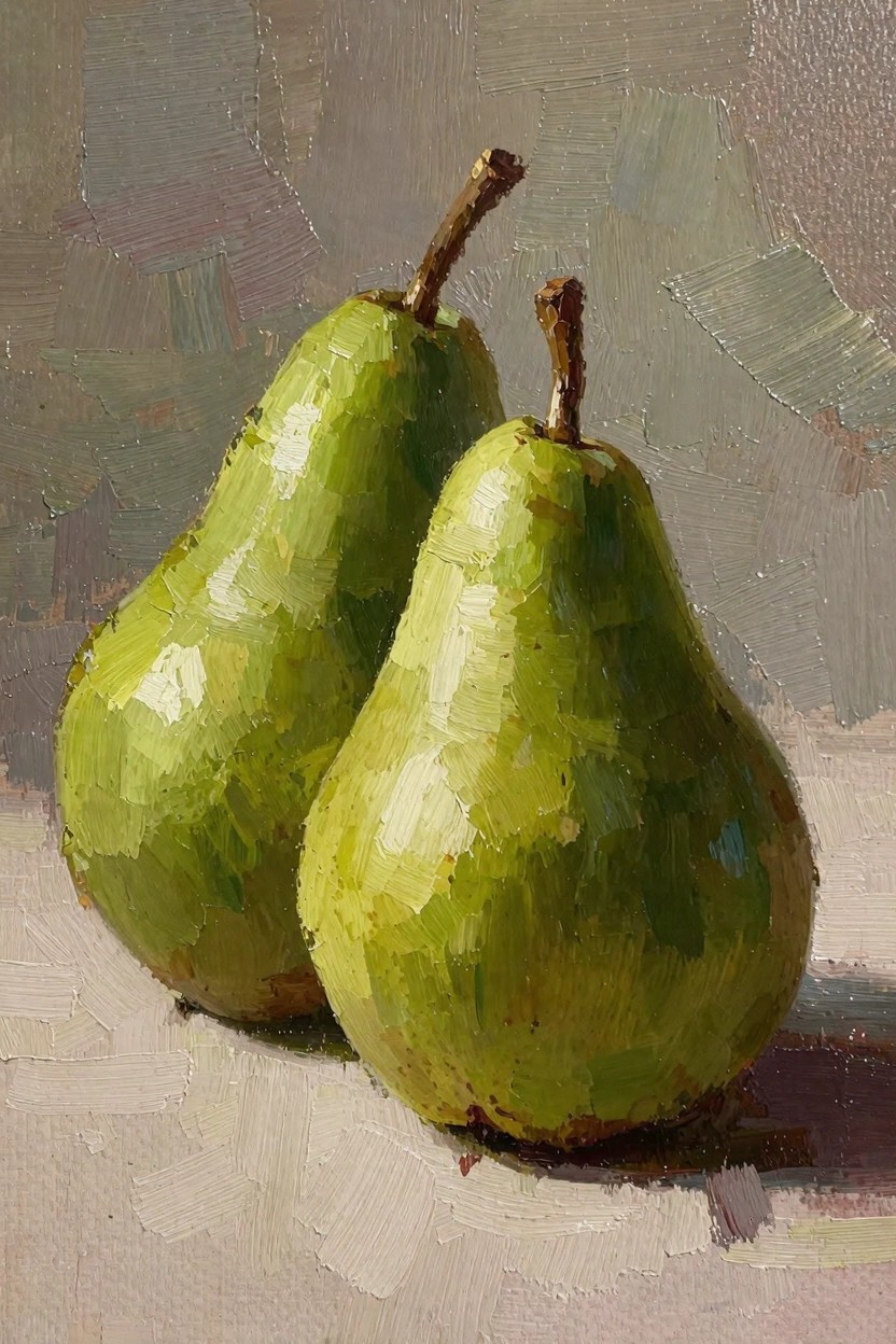 Oil painting of two green pears with stems on a light neutral surface against a gray background, using thick impasto brushwork.