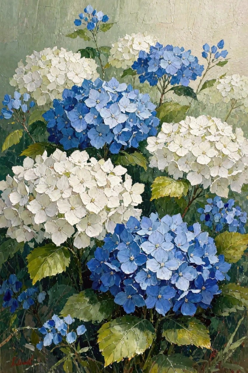 Oil painting of clustered blue and white hydrangea flowers with green leaves on a pale green background.
