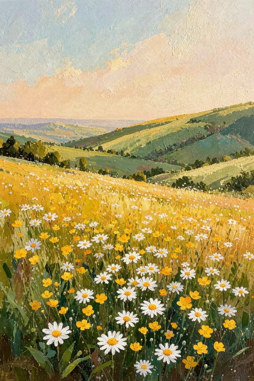 Oil painting of rolling green hills with a foreground field of white daisies and yellow buttercups under a blue-to-pink sunset sky.