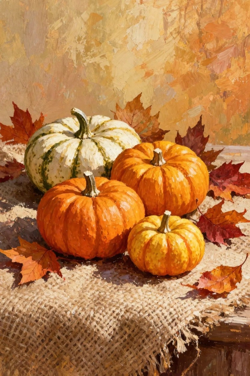 Oil painting of white-striped, orange, and yellow pumpkins with red maple leaves on burlap over wood.