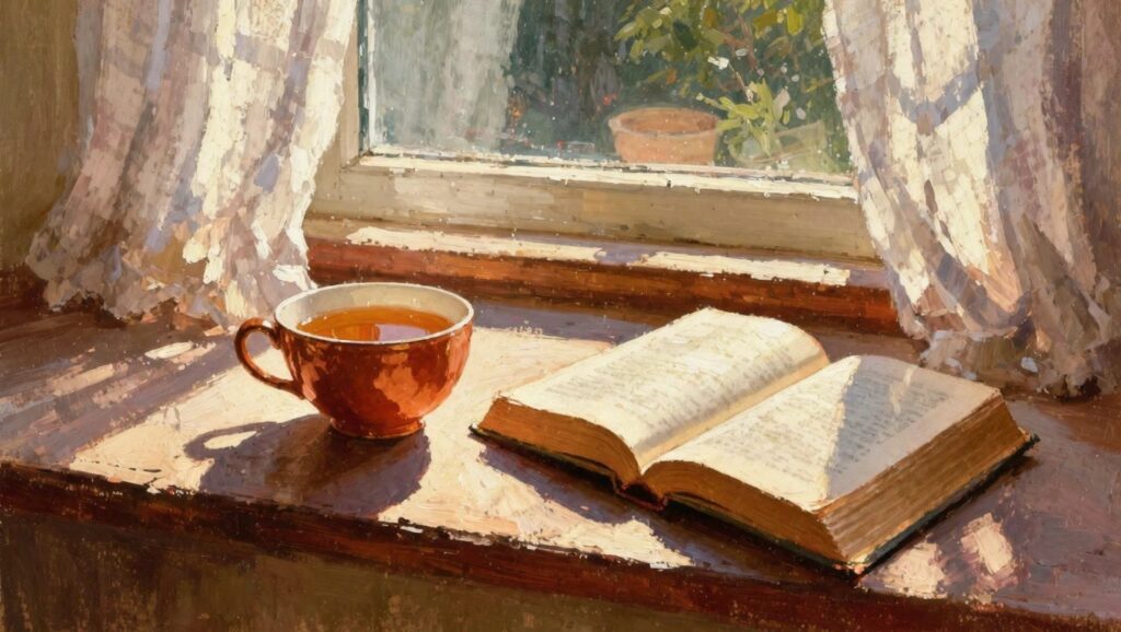 24 Simple Yet Striking Oil Painting Ideas For A Relaxing Weekend Painterly oil painting of a silver teacup with amber tea and an open book on a sunlit wooden windowsill, with sheer curtains and a garden visible through the window.